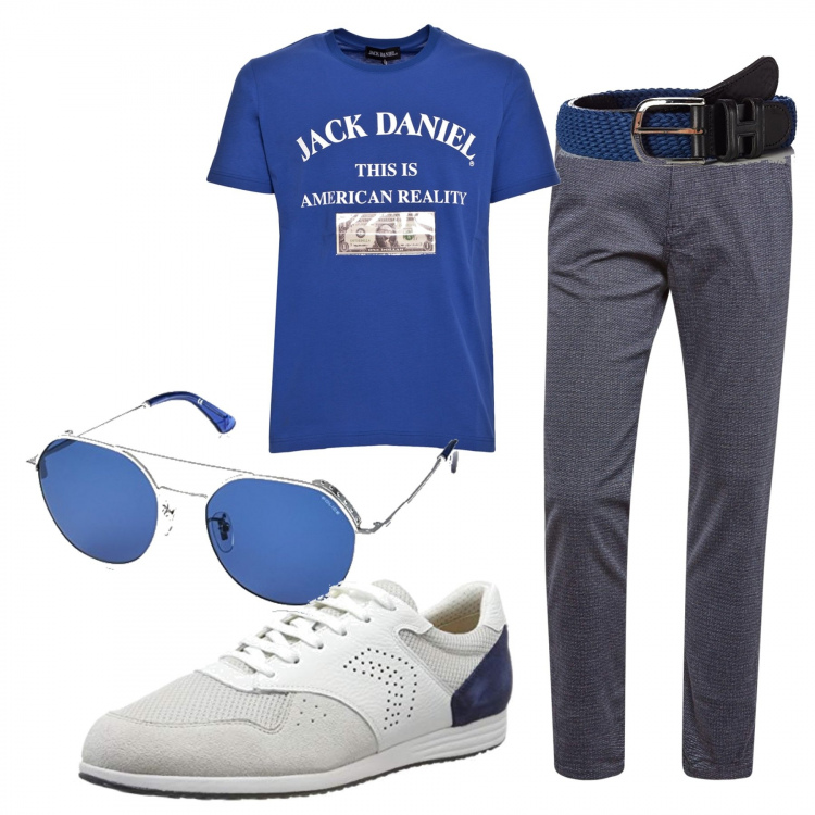 Outfit uomo - Jack blue. Stile Casual per Tutti i giorni. Abbinamento con pantaloni, occhiali da sole, sneakers, t-shirt, cinture.