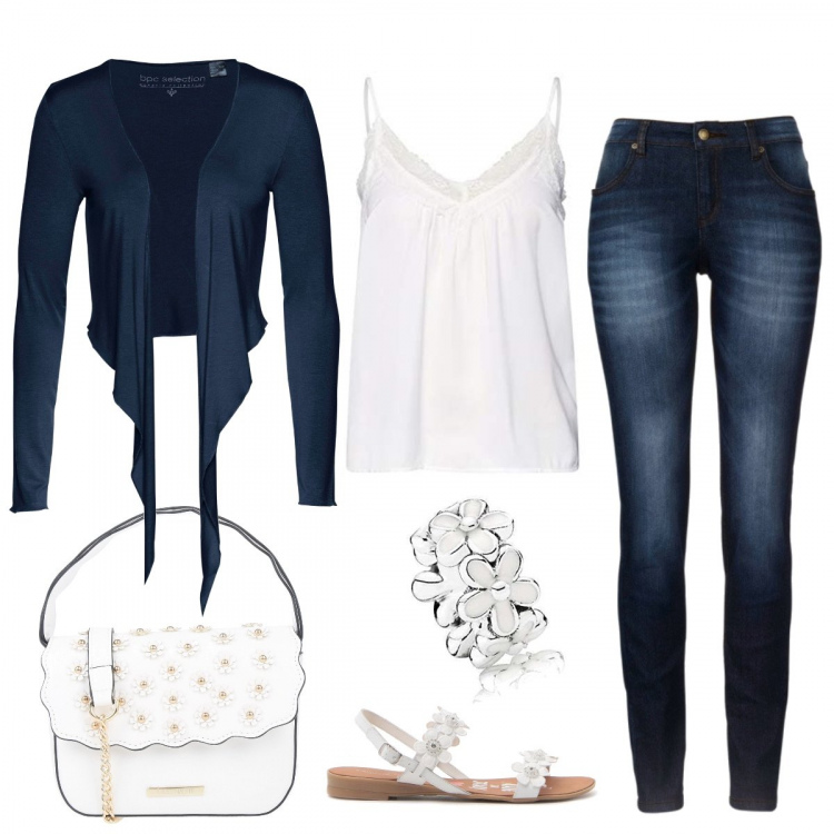 Outfit donna - Basic ma con fiorellini applicati. Stile Basic per Tutti i giorni. Abbinamento con jeans skinny, bolero, borse a mano, ciondoli, sandali, vestaglia.