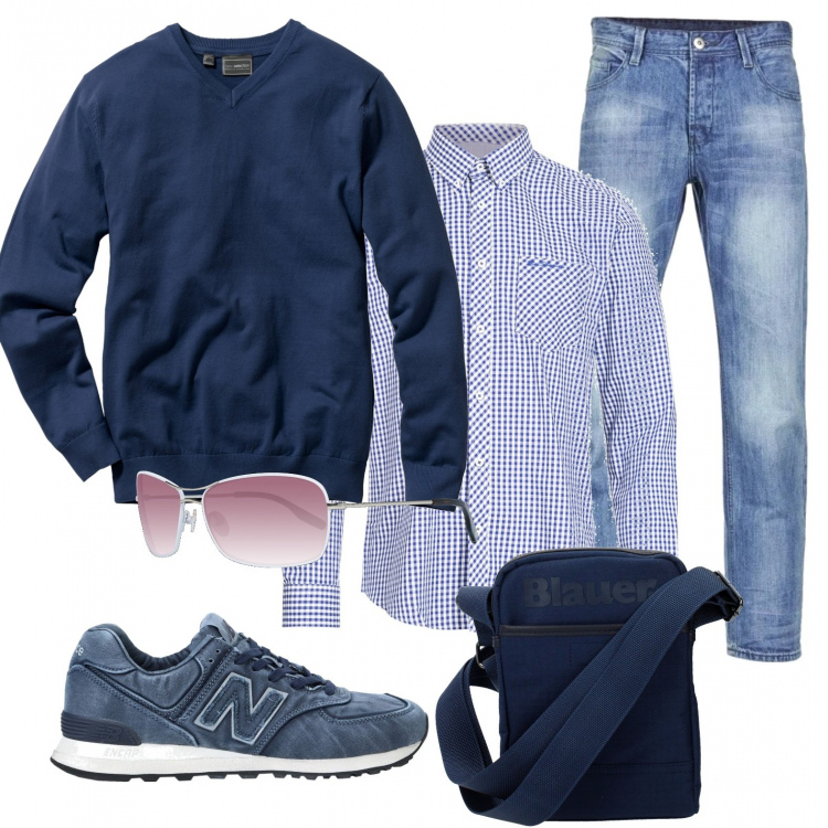 Outfit uomo - Versatile in jeans. Stile Casual per Tutti i giorni. Abbinamento con maglieria, sneakers, accessori, jeans, camicia, occhiali da sole.