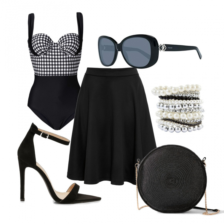 Outfit donna - Pin up al mare. Stile Chic per Mare. Abbinamento con gonne, braccialetti, costume intero, borse a spalla, scarpe col tacco, occhiali da sole.