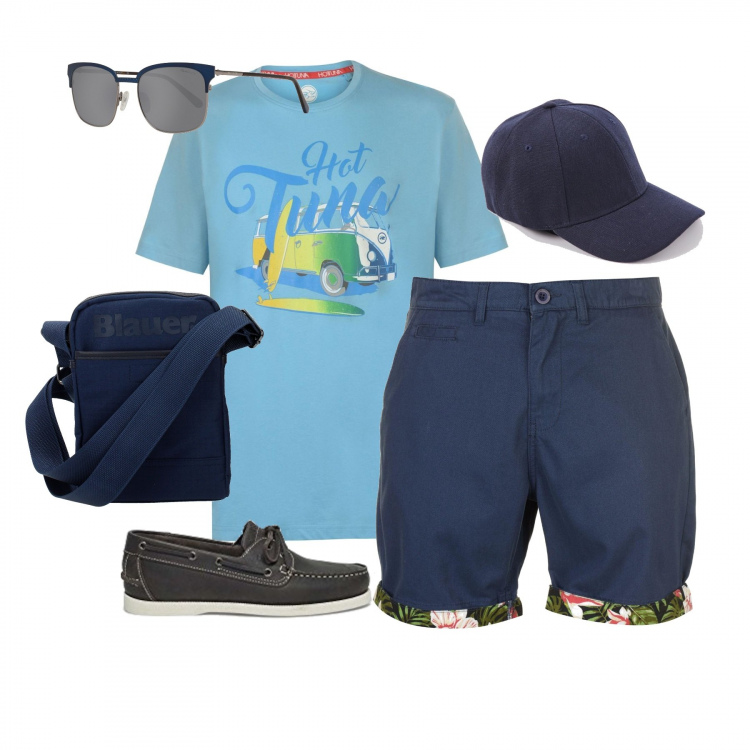 Outfit uomo - Voglia d'Estate. Stile Casual per Mare. Abbinamento con accessori, cappelli con visiera, pantaloni corti, occhiali da sole, t-shirt, scarpa.