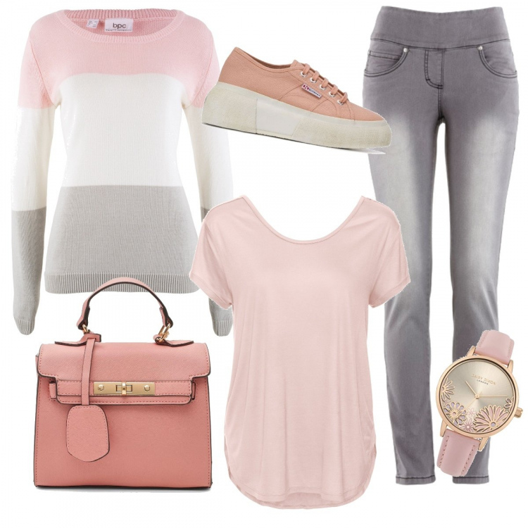Outfit donna - Semplice eleganza. Stile Basic per Tutti i giorni. Abbinamento con jeans slim fit, maglieria, maglieria, borsa a tracolla, sneakers, orologi analogici.
