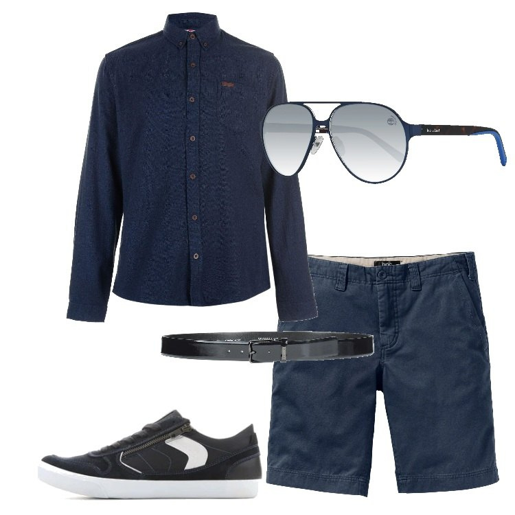 Outfit uomo - Bermuda e camicia blu. Stile Casual per Tutti i giorni. Abbinamento con bermuda, cintura, sneakers, camicia, occhiali da sole.