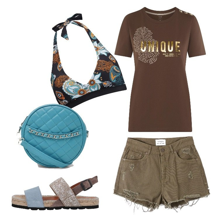 Outfit donna - Al molo 6. Stile Basic per Mare. Abbinamento con bikini, sandali, shorts, corpo, t-shirt.