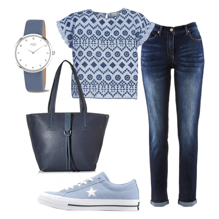 Outfit donna - Basic #18858. Stile Basic per Scuola/Università. Abbinamento con jeans boyfriend, sneakers, camicie, borse a tracolla, orologi.