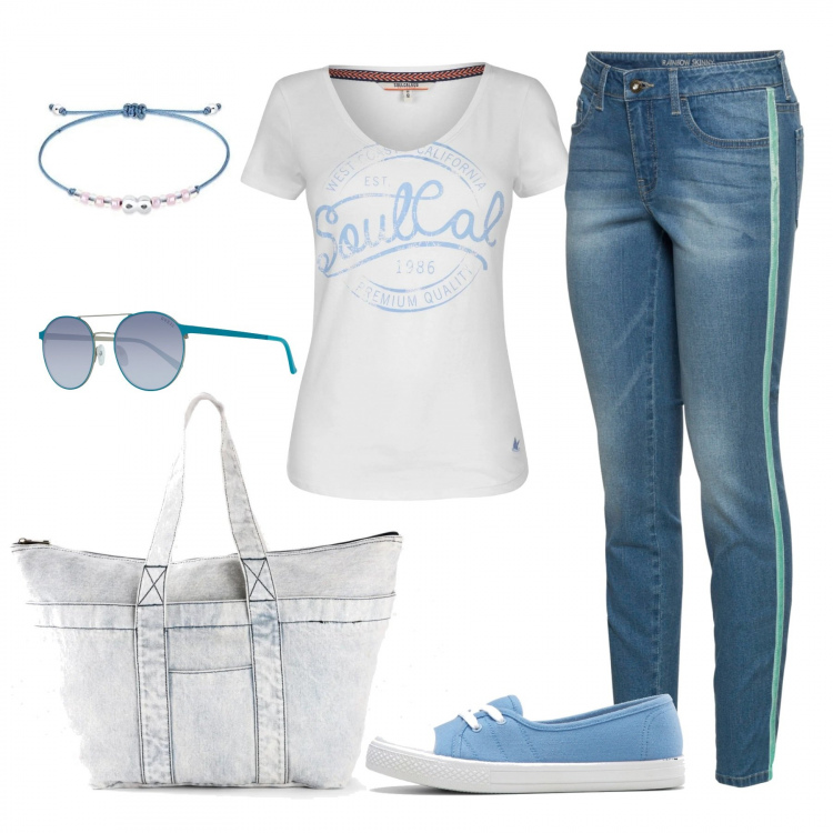 Outfit donna - Jeans Lover. Stile Basic per Tutti i giorni. Abbinamento con gonne longuette, jeans skinny, ballerine, t-shirt, braccialetti, occhiali da sole.