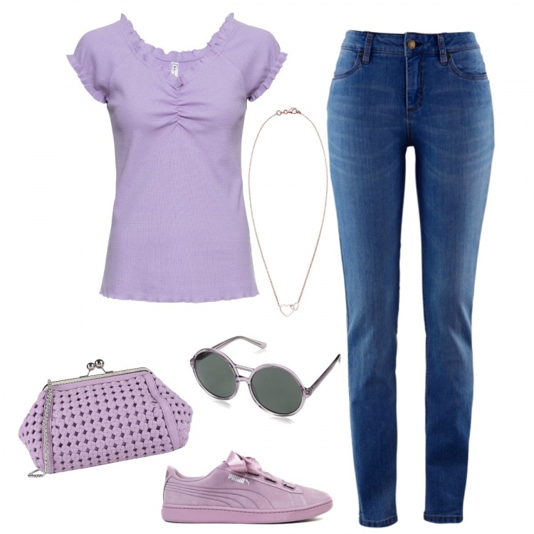Outfit donna - Amato glicine. Stile Basic per Tutti i giorni. Abbinamento con jeans skinny, pullovers, borsa a tracolla, sneakers, collana.