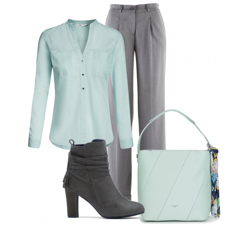 Outfit donna - Basic #18901. Stile Basic per Ufficio. Abbinamento con pantalone lungo, stivaletti, borsa a mano, camicie.