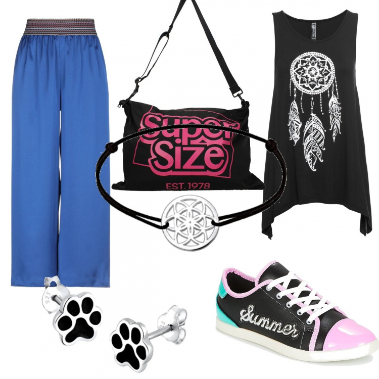 Outfit donna - Un comodo inizio. Stile Urban per Tutti i giorni. Abbinamento con top, pantalone lungo, borse a spalla, sneakers, orecchini, braccialetti.