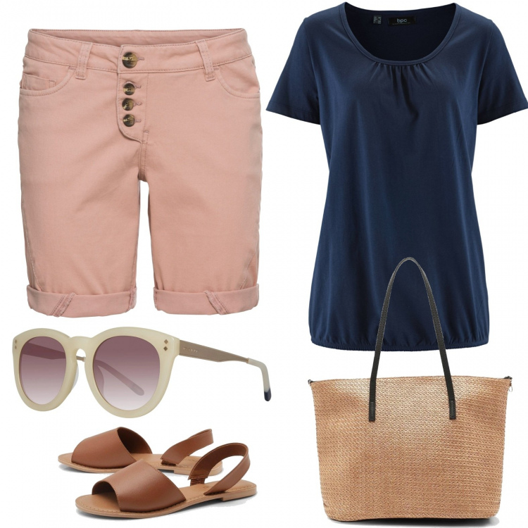 Outfit donna - Estate in shorts. Stile Basic per Tutti i giorni. Abbinamento con t-shirt, shorts, borsa, sandali, occhiali da sole.