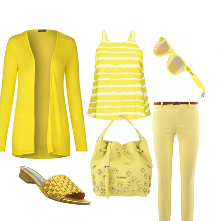 Outfit donna - Total look #558471. Abbinamento con maglieria, borsa a mano, maglione, pantaloni capri, ciabatte, occhiali da sole.
