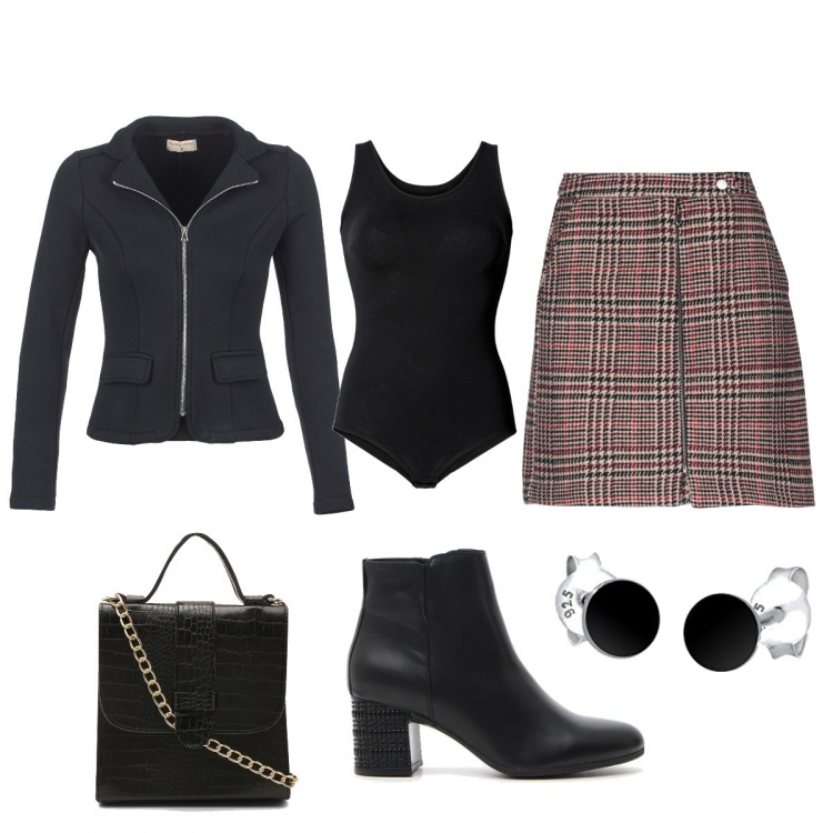 Outfit donna - Gonnellina e body nero. Stile Basic per Tutti i giorni. Abbinamento con body, minigonna, borse tote, giacca, stivaletti, orecchini.