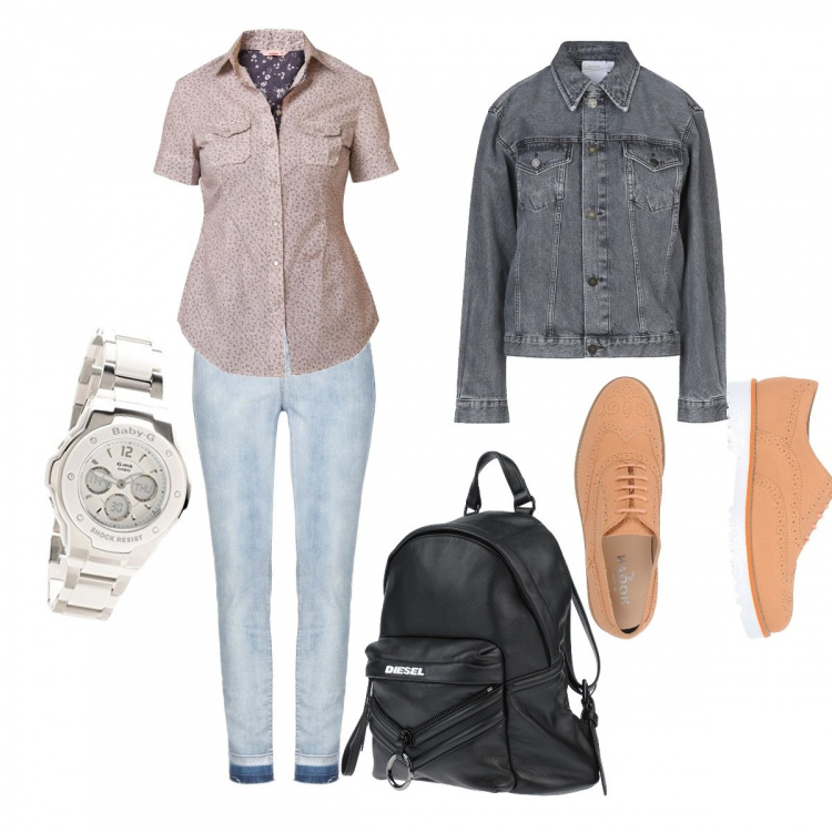 Outfit donna - Basic, per il mio tempo libero. Stile Basic per Tutti i giorni. Abbinamento con scarpe stringate, zaino, giacca, jeans, camicie, orologi.