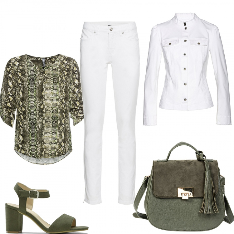 Outfit donna - Bianco e verde. Stile Basic per Tutti i giorni. Abbinamento con jeans skinny, bluse, t-shirt, sandali col tacco, borse a spalla.