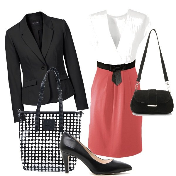 Outfit donna - Bon Ton in ufficio. Stile Bon Ton per Ufficio. Abbinamento con borse a mano, blazer, vestiti, borse a spalla, décolleté.