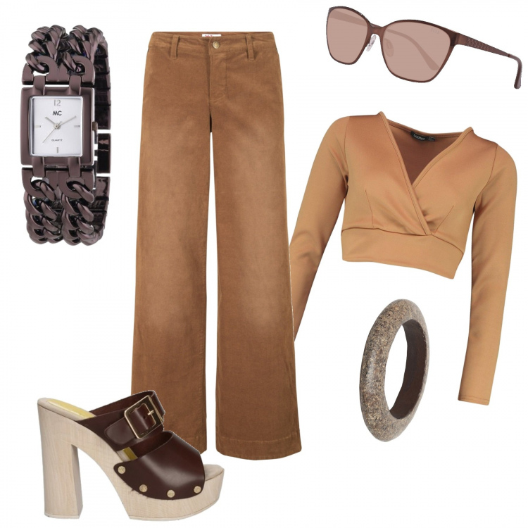 Outfit donna - Hot brown. Stile Bon Ton per Tutti i giorni. Abbinamento con pantaloni, braccialetti, top, sandali, occhiali da sole, orologio.
