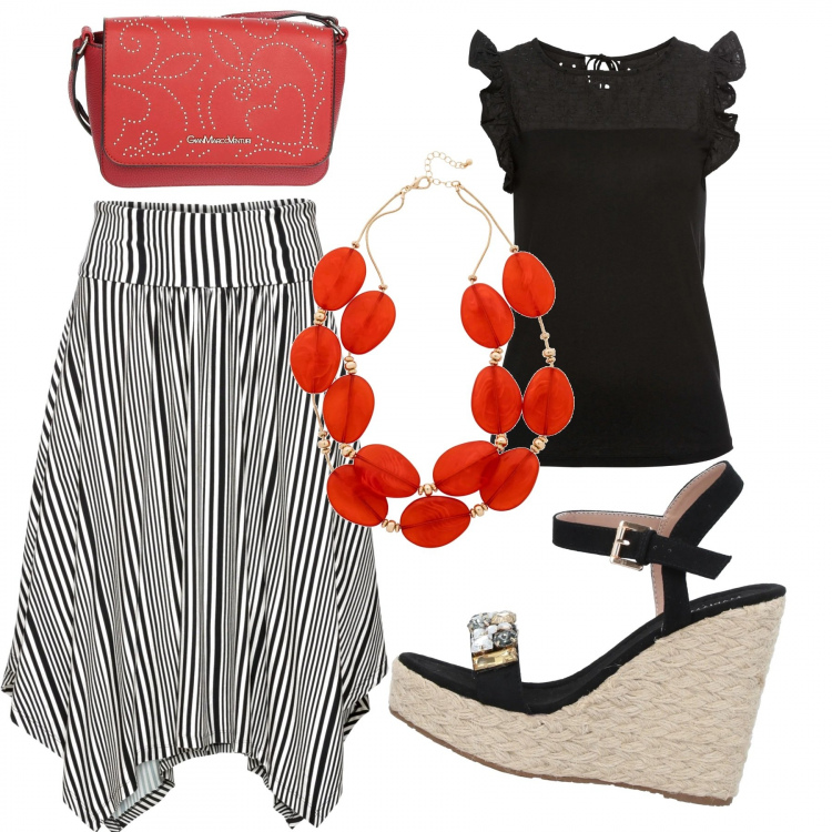 Outfit donna - Trendy #30043. Stile Trendy per Tutti i giorni. Abbinamento con sandali con tacco, t-shirt, gonna, collane, borsa a mano.