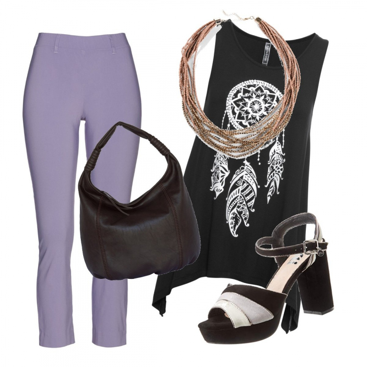 Outfit donna - Indigena. Stile Urban per Tutti i giorni. Abbinamento con top, pantaloni capri, collane, borsa a mano, scarpe col tacco.