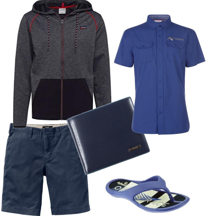 Outfit uomo - Sporty. Stile Casual per Tutti i giorni. Abbinamento con bermuda, pantofole, portafogli, camicie, felpa con cappuccio.