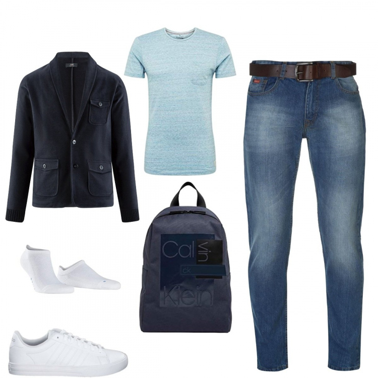 Outfit uomo - Sporty Chic. Stile Urban per Tutti i giorni. Abbinamento con sneakers, jeans, blazer, zaino, t-shirt, calzino.