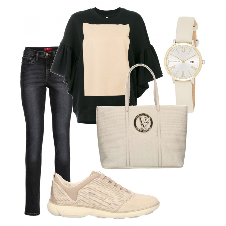 Outfit donna - Trendy #30008. Stile Trendy per Tutti i giorni. Abbinamento con jeans slim fit, shopping bag, felpa, sneakers, orologi analogici.