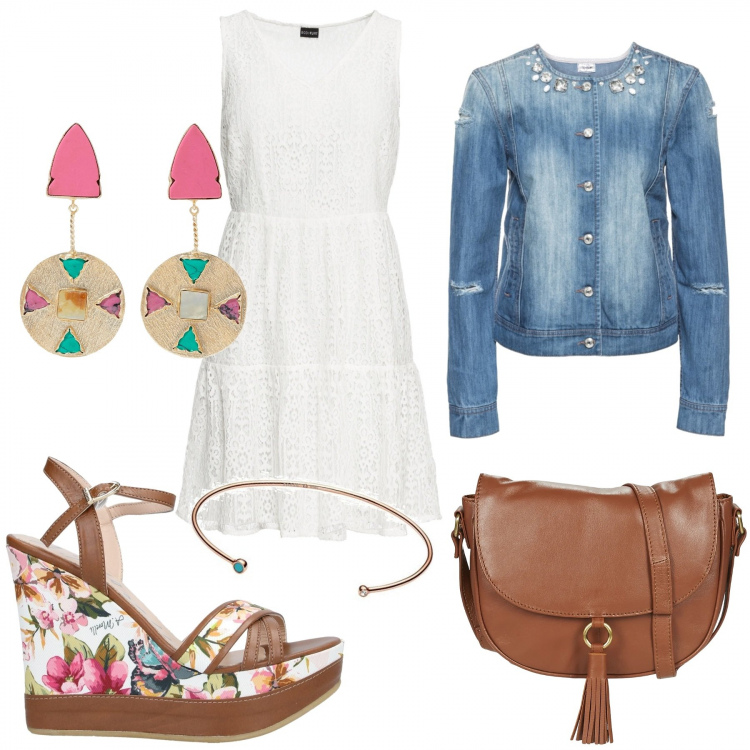 Outfit donna - La mia prima festa della mamma. Stile Trendy per Tutti i giorni. Abbinamento con sandali, orecchini, vestiti, giacche, borsa a tracolla, braccialetti.