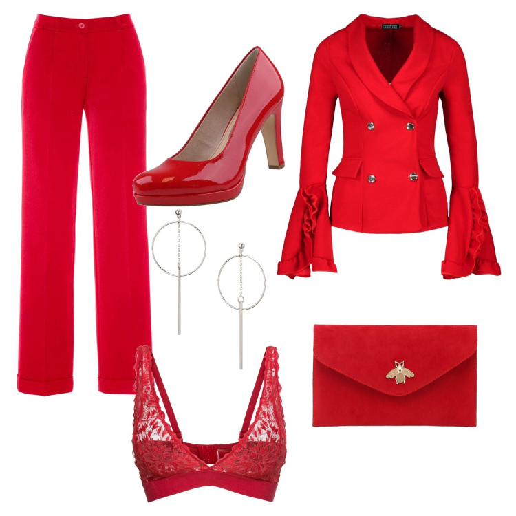 Outfit donna - Rosso fuoco. Stile Sexy per Serata fuori. Abbinamento con pantaloni, bralette, orecchini, blazer, pochette, scarpa col tacco.