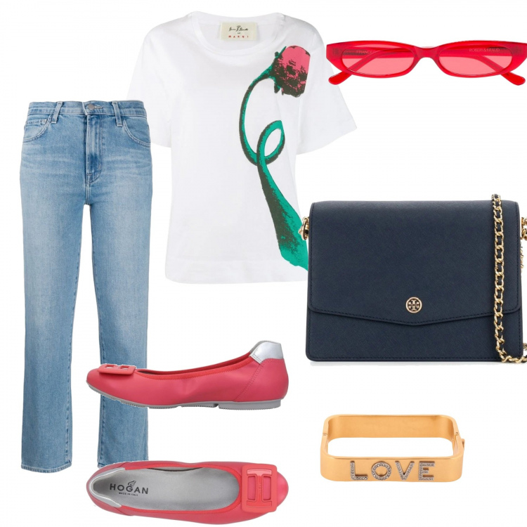Outfit donna - Comoda con stile. Stile Chic per Tutti i giorni. Abbinamento con ballerine, braccialetti, t-shirt, borsa a spalla, jeans, occhiali da sole.