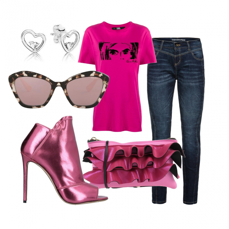 Outfit donna - Mamma al top. Stile Trendy per Tutti i giorni. Abbinamento con jeans boyfriend, borse a mano, stivaletti, t-shirt, occhiali da sole, orecchini.