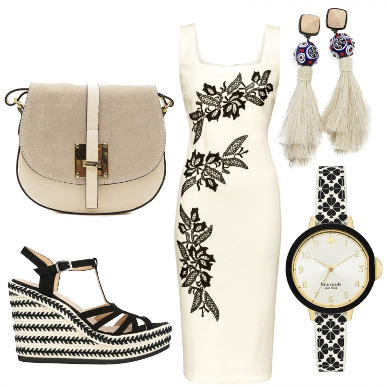Outfit donna - Chic #16536. Stile Chic per Serata fuori. Abbinamento con vestiti corti, orologi, sandali col tacco, orecchini, borsa.