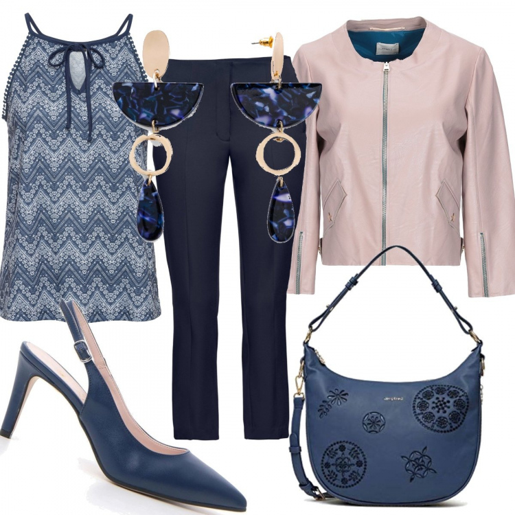 Outfit donna - Lunedì in blu. Stile Trendy per Ufficio. Abbinamento con giubbotto, vestiti, pantaloni capri, orecchini, borse a tracolla, décolleté.