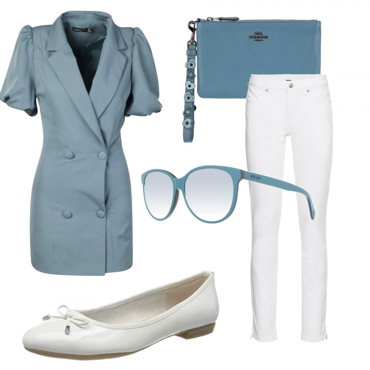 Outfit donna - Abito/giacca. Stile Bon Ton per Tutti i giorni. Abbinamento con jeans skinny, pochette, blazer, ballerine, occhiali da sole.
