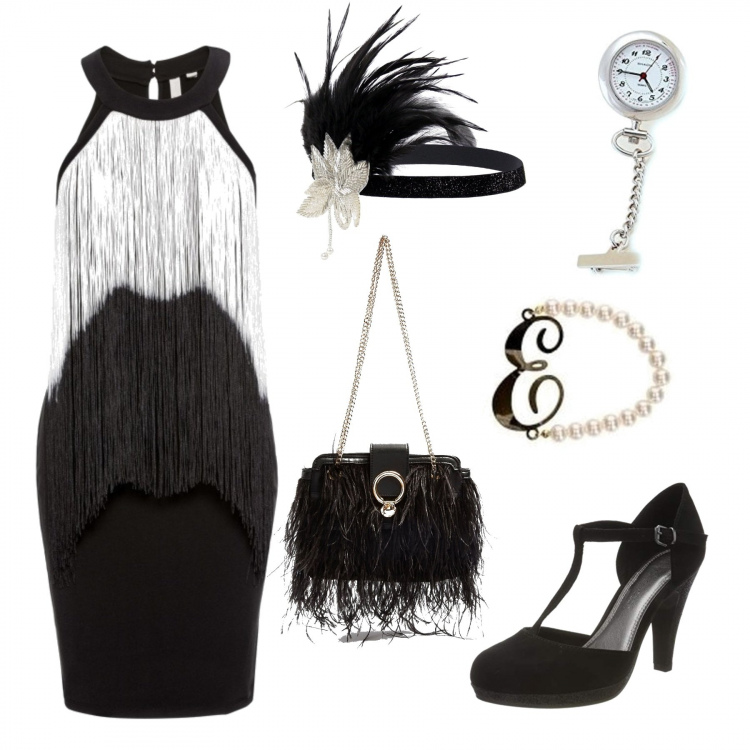 Outfit donna - Charleston. Stile Trendy per Serata fuori. Abbinamento con borsa a tracolla, borse a secchiello, braccialetti, scarpe col tacco, fasce per capelli, orologi.