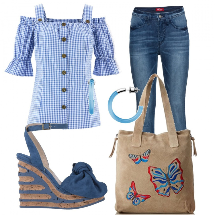 Outfit donna - Trendy #30191. Stile Trendy per Tutti i giorni. Abbinamento con camicie a manica corta, jeans, sandali, orecchini, borse a spalla.