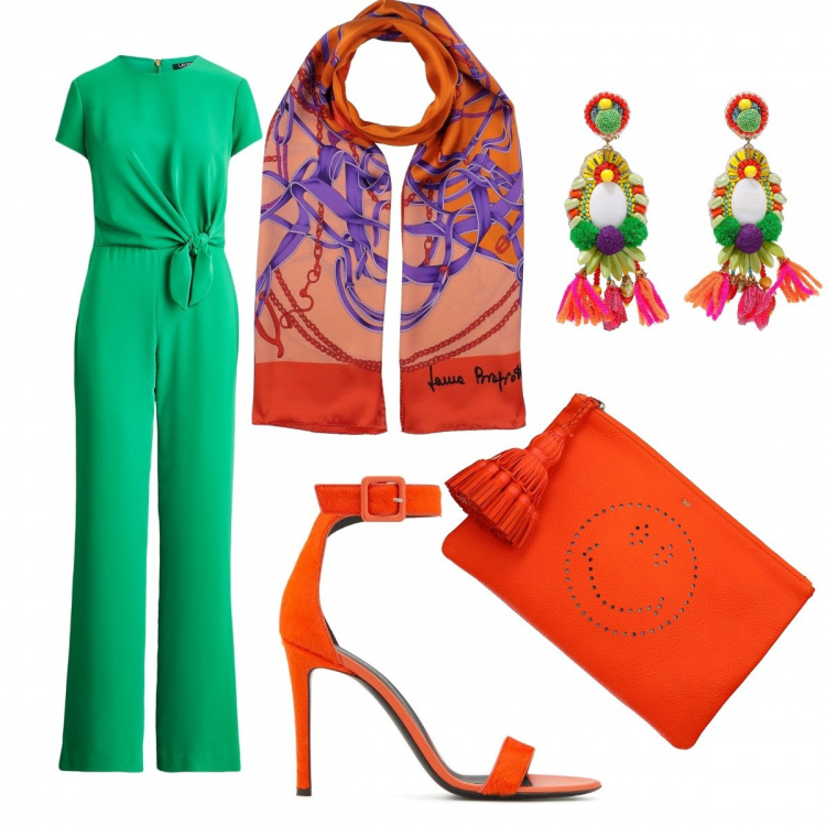 Outfit donna - Jumpsuit vitaminica. Stile Chic per Serata fuori. Abbinamento con salopette, orecchini, stole, pochette, sandali col tacco.