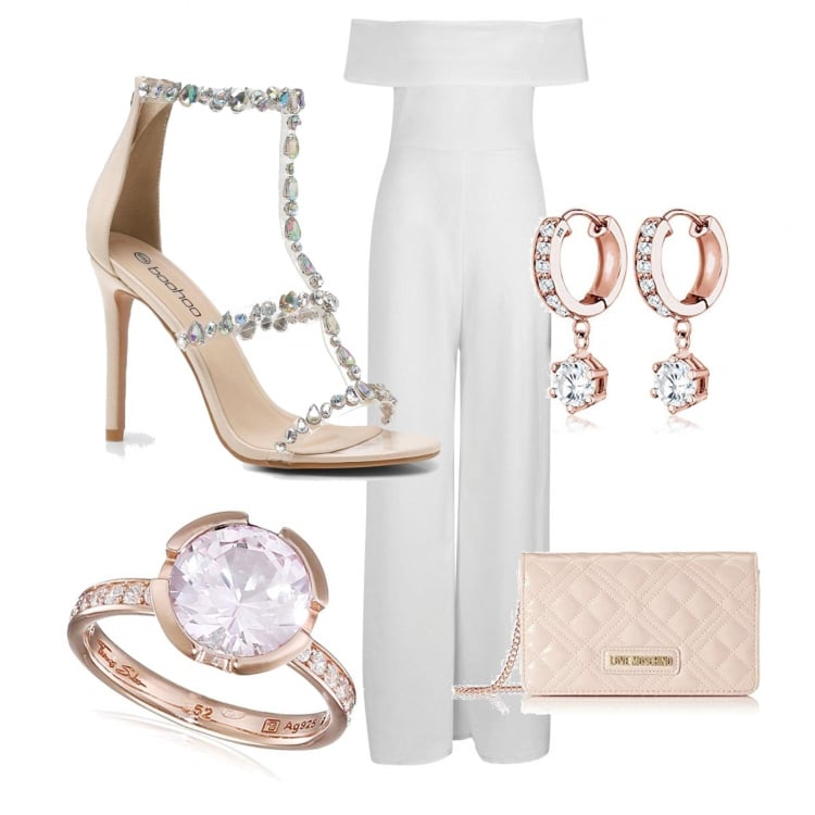 Outfit mujer - Una novia diferente. Estilo Chic para Ceremonia. Combinación con pendientes, bolsos de mano, zapatos de tacón.