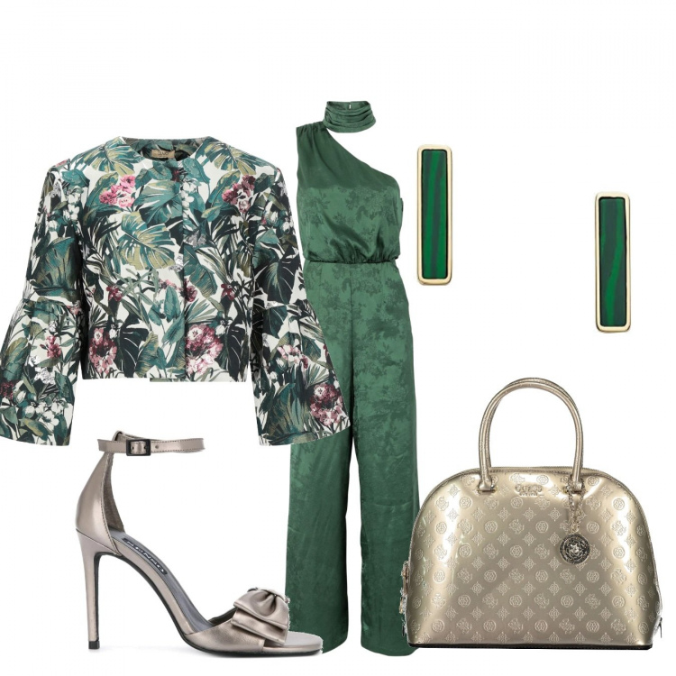 Outfit donna - Non passo inosservata. Stile Trendy per Cerimonia. Abbinamento con tuta, blazer, borsa a mano, sandali, orecchini.