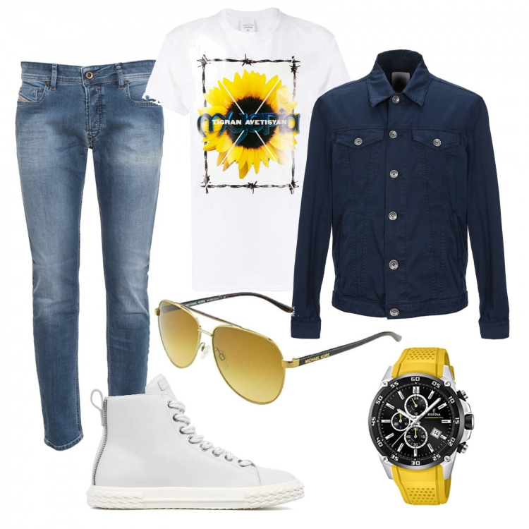 Outfit uomo - Trendy #3702. Stile Trendy per Tutti i giorni. Abbinamento con cappotti, t-shirt, sneakers alte, orologi, jeans, occhiali da sole.