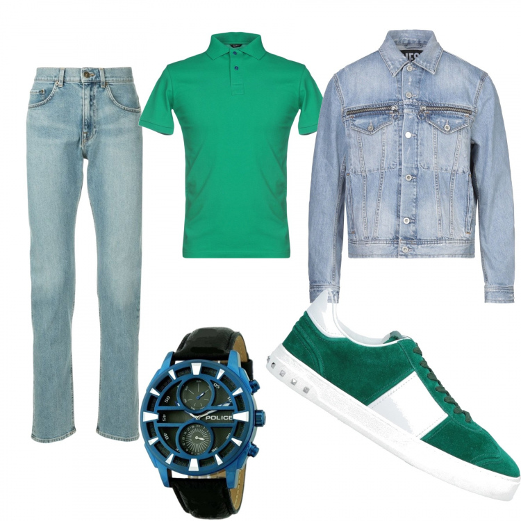 Outfit uomo - Alexander. Stile Urban per Tutti i giorni. Abbinamento con sneakers, polo, giubbotto, jeans, orologio.