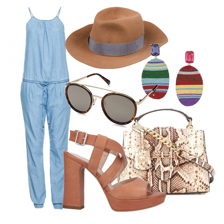 Outfit donna - La jumpsuite con i tacchi. Stile Basic per Tutti i giorni. Abbinamento con tute, sandali col tacco, cappello, borse tote, orecchini, occhiali da sole.
