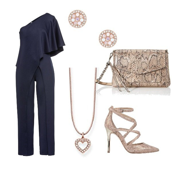 Outfit donna - L\'eleganza senza tempo del blu. Stile Chic per Cerimonia. Abbinamento con tute, décolleté, pochette, orecchini, ciondoli.