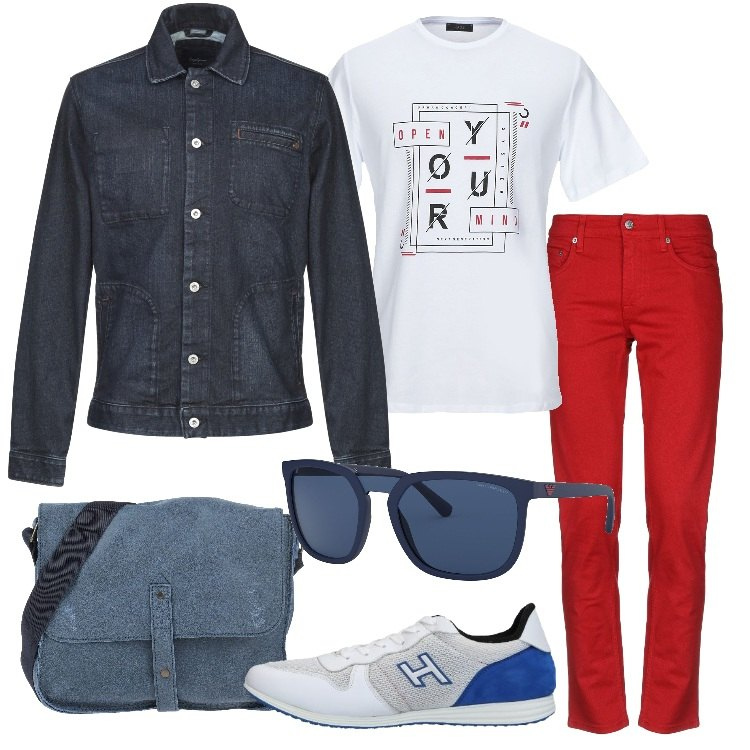 Outfit uomo - Giacca di jeans casual mood. Stile Casual per Tutti i giorni. Abbinamento con sneakers, t-shirt, occhiali da sole, giubbotto, pantalone lungo, accessori.