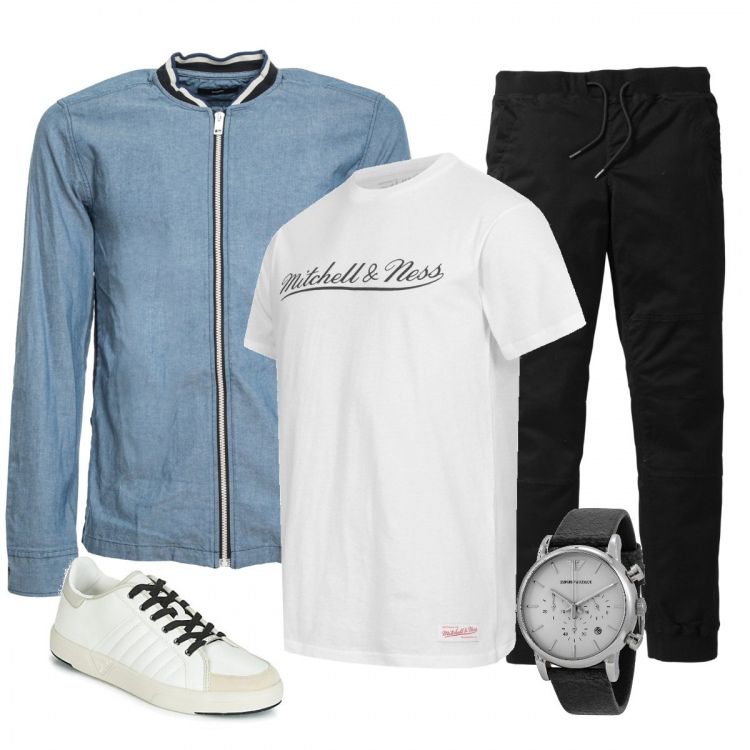 Outfit uomo - La giacca a jeans per il giorno. Stile Trendy per Tutti i giorni. Abbinamento con pantaloni, sneakers, orologi, camicie, t-shirt.