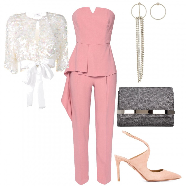 Outfit donna - Jumpsuit. Stile Chic per Cerimonia. Abbinamento con tute, pochette, giacca, orecchini, décolleté.