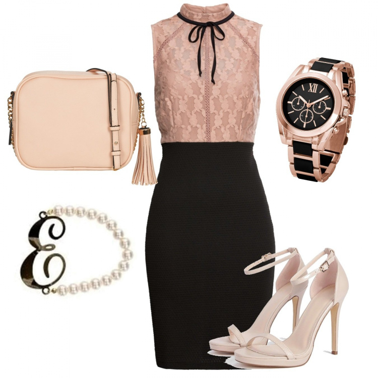 Outfit donna - L\'abito rosa cipria e nero. Stile Bon Ton per Serata fuori. Abbinamento con vestiti midi/longuette, top, scarpe col tacco, braccialetti, borsa a tracolla.