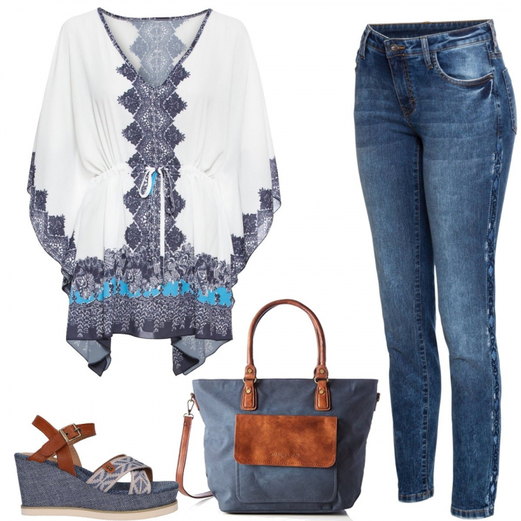 Outfit donna - Jeans e casacca - etnico curvystyle. Stile Etnico per Tutti i giorni. Abbinamento con jeans skinny, tuniche, borse a spalla, sandali.