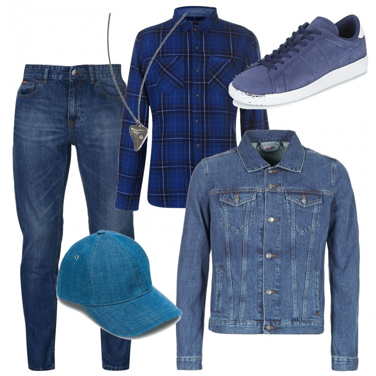 Outfit uomo - Trendy #3707. Stile Trendy per Tutti i giorni. Abbinamento con giacche, sneakers, cappelli con visiera, ciondolo, jeans, camicia.