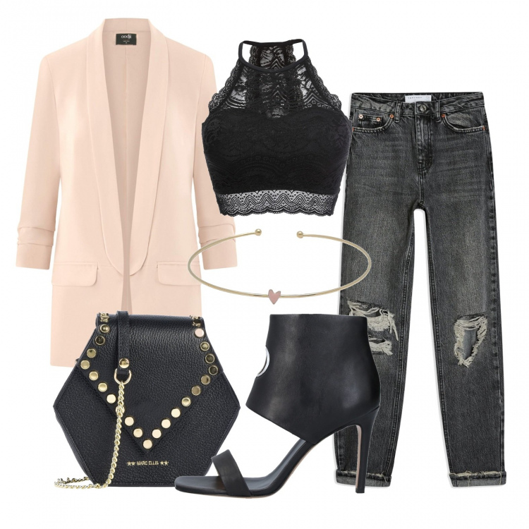 Outfit donna - Lingerie a vista. Stile Chic per Serata fuori. Abbinamento con reggiseni, sandali in pelle, jeans, borsa a mano, braccialetti, blazer.