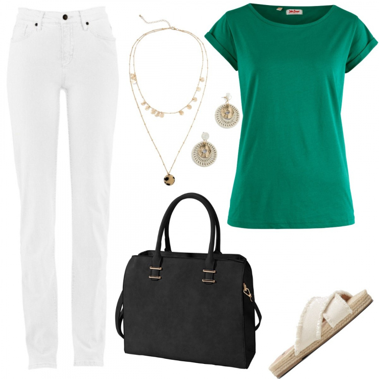Outfit donna - #Carla. Stile Basic per Tutti i giorni. Abbinamento con ciabatte, maglieria, jeans dritti, borse a spalla, orecchini.