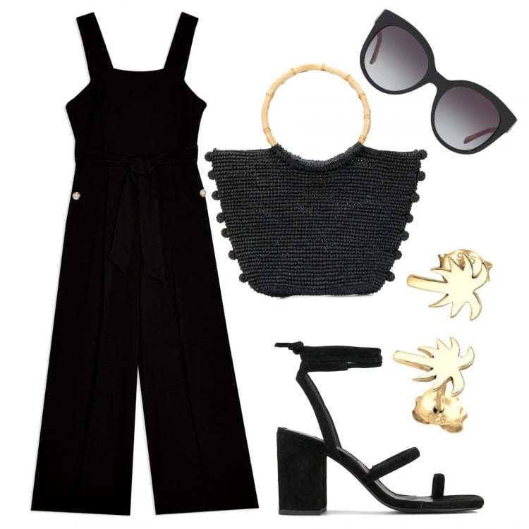 Outfit mujer - Stylish jumpsuit. Estilo Trendy para Todos los días. Combinación con collares, chándales, sandalias de tacón, gafas de sol, bolso shopper.